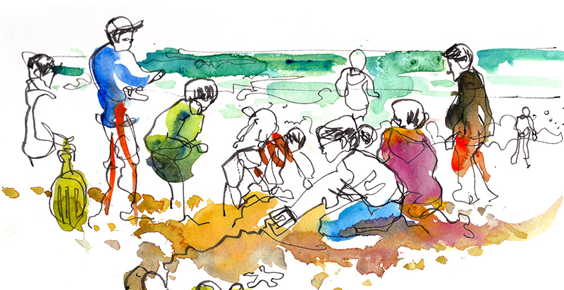   AT THE BEACH,&nbsp; watercolor, pen &amp; ink 