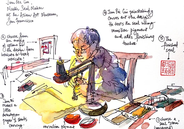 JUN PEI CUI, SEALMAKER, watercolor, pen & ink