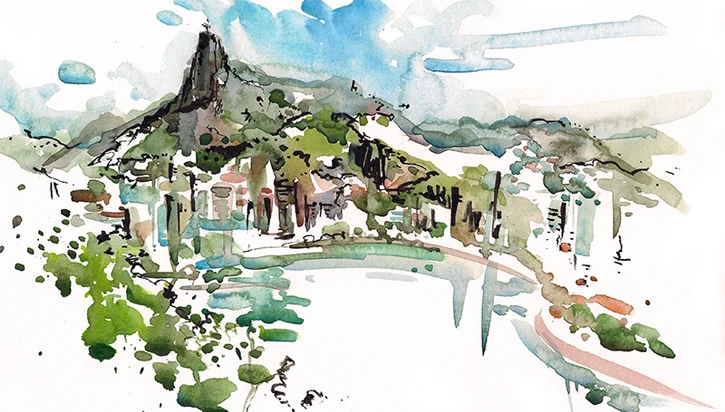 LOOKING OUT AT CHRIST THE REDEEMER IN RIO , BRAZIL, watercolor, pen & ink