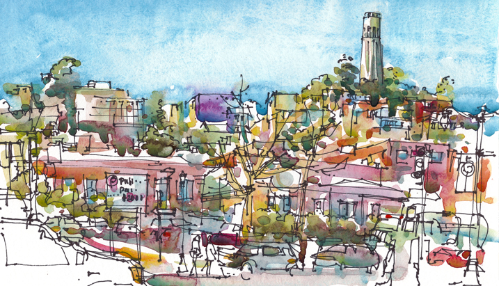   VIEW WITH COIT TOWER,&nbsp;  SAN FRANCISCO,&nbsp; watercolor, pen &amp; ink 