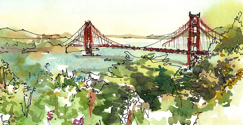   GOLDEN GATE BRIDGE,&nbsp;  SAN FRANCISCO, &nbsp;watercolor, pen &amp; ink 