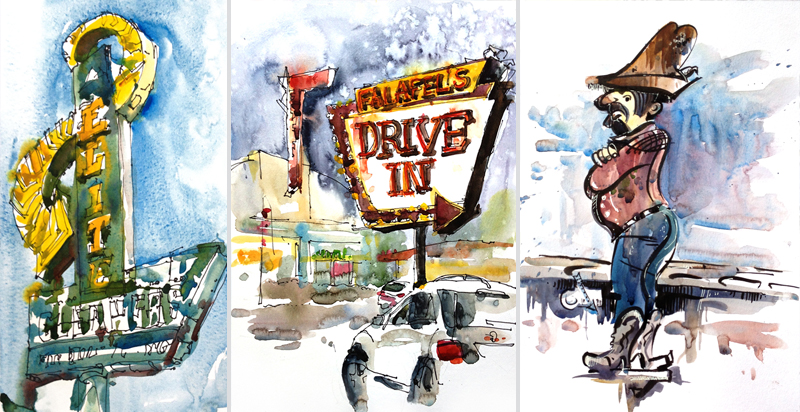   ELITE CLEANERS, FELAFEL'S DRIVE-IN, DEALIN'DOLLAR DAN,&nbsp;  VINTAGE SIGNAGE, SAN JOSE, CALIFORNIA, &nbsp; watercolor, pen &amp; ink 