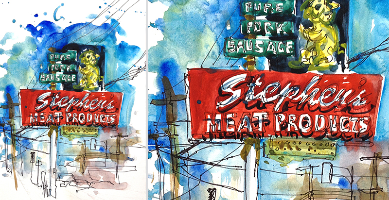   STEPEHEN'S MEAT PRODUCTS,&nbsp;  VINTAGE SIGNAGE, SAN JOSE, CALIFORNIA, &nbsp; watercolor, pen &amp; ink 