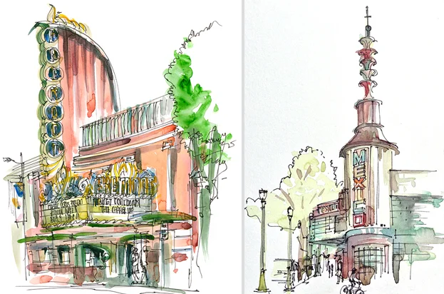 THEATER MARQUEES, VINTAGE SIGNAGE, CALIFORNIA, watercolor, pen & ink