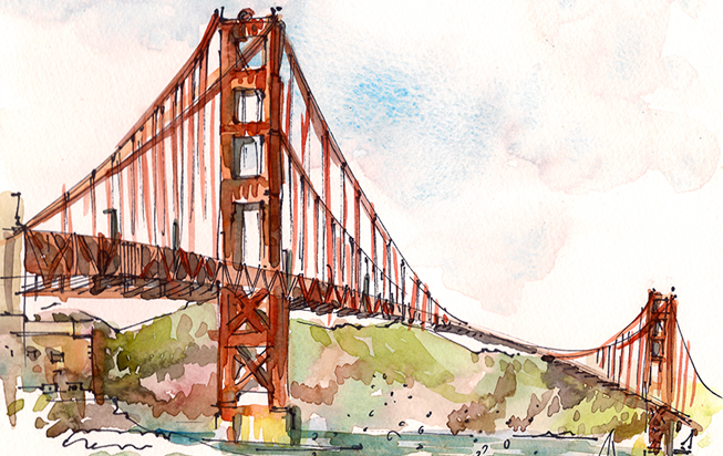   GOLDEN GATE BRIDGE,&nbsp;  SAN FRANCISCO,&nbsp; watercolor, pen &amp; ink 