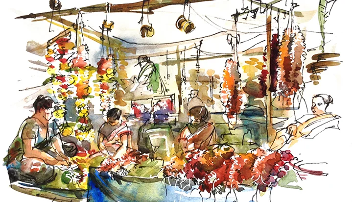 FLOWER SELLERS , INDIA, watercolor, pen & ink