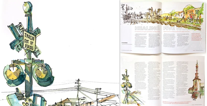 REPORTAGE ILLUSTRATION FOR A REDEVELOPMENT PROJECT , WASHINGTON SQUARE MAGAZINE, SAN JOSE STATE UNIVERSITY, Created for Articulate Solutions, Inc., Gilroy, California