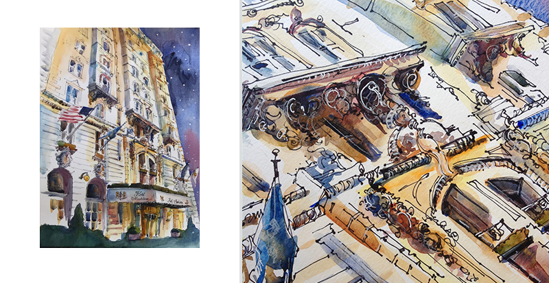   ARCHITECTURAL ILLUSTRATION AND DETAIL ,&nbsp; HOTEL CHAIN IN NEW ORLEANS ,&nbsp; Watercolor, pen &amp; ink 