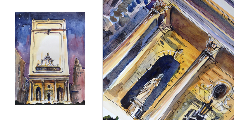   ARCHITECTURAL ILLUSTRATION AND DETAIL ,&nbsp; HOTEL CHAIN IN NEW ORLEANS ,&nbsp; Watercolor, pen &amp; ink 