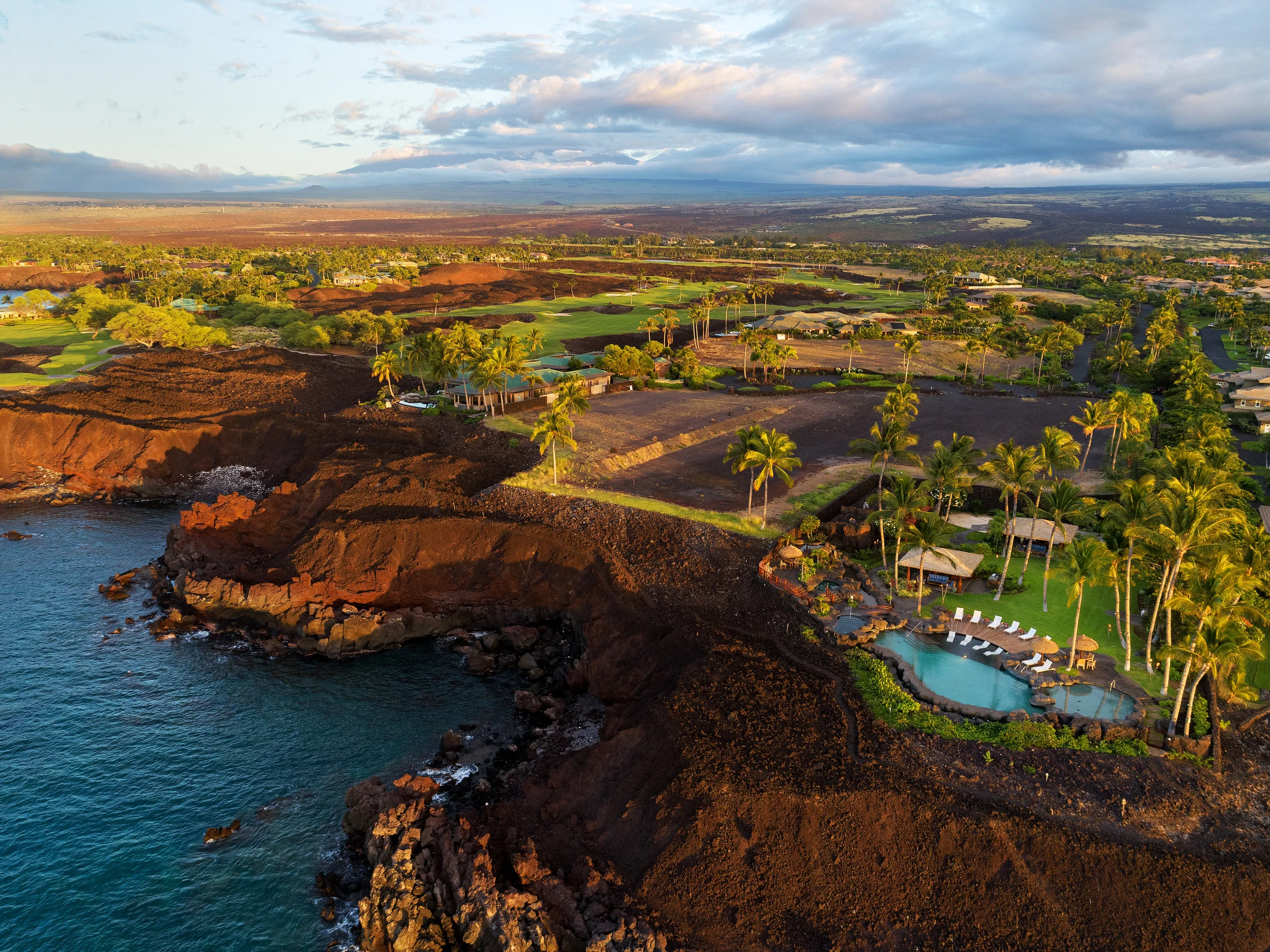 Aerial view of Ke Kailani custom home sites (left) within Mauna Lani Resort.