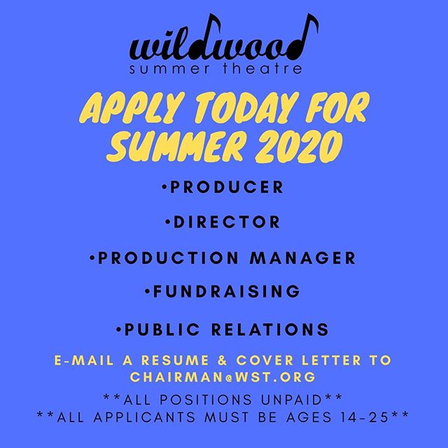 WST—the DC Metro area's ONLY youth-run theatre—is now accepting applications for our BIG FIVE positions for the 2019-2020 Season!
These positions include: •DIRECTOR•
•PRODUCER•
•PRODUCTION MANAGER•
•FUNDRAISING•
•PUBLIC RELATIONS•
Email your cover letter and resume to chairman@wst.org to apply!
•
•
•
•
•
•
•
#dctheatre #dctheatrescene #dctheatrecompany #youththeatre #youththeater #dctheater #dctheaterscene #artsdc #dcperformers #mdtheatre #mdtheatreguide #washingtontheatre #washingtontheater #districtofcolumbia #bethesdatheater #montgomerycountymd #dmv #dmvtheatrecommunity #dmvtheatre #dmvperformance #bethesdamd