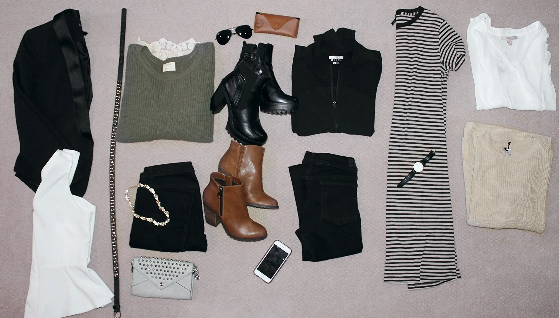 Black Blazer (Forever21), White Peplum top (Dynamite), black & gold belt (Forever21), Olive Sweater (Urban Outfitters), black skinnies (American Eagle), Statement Necklace (Forever21), Clutch (Love Culture), Black Aviators (RayBans), Black boots & Brown boots (Call It Spring), Black bomber (Forever21), Black distressed skinnies (Forever21), Striped dress (Forever21), Watch (Daniel Wellington), White Blouse (Forever21), Beige Sweater (H&M)