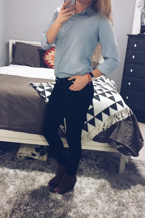 Chambray top Target , Belt Forever21 , Black skinny jeans American Eagle , Booties Call It Spring