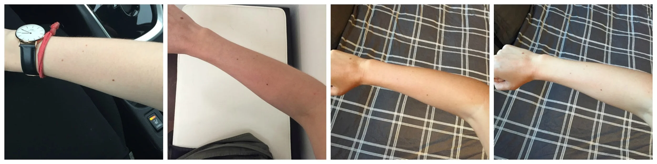 Pictures left to right: Before tan, right after tan (indoor lighting), morning after tan, after shower (final tan)