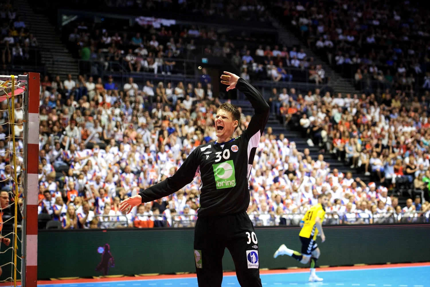  Norges keeper Torbjørn Bergerud jubler for en redning i Norges EM-kvalifiseringskamp mot Litauen i Oslo Spektrum. Seieren i denne kampen sikret Norge plass i EM i Kroatia.&nbsp;   