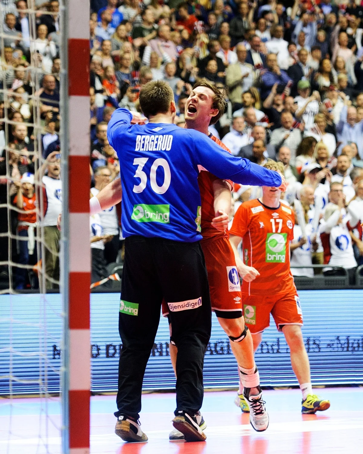  Norges keeper Torbjørn Bergerud jubler med Sander Sagosen etter at Norge slo Frankrike 35-30 i Oslo Spektrum i den første kampen i EM-kvalifiseringen. Lagene hadde sist møttes i VM-finalen, der Frankrike vant. &nbsp; 