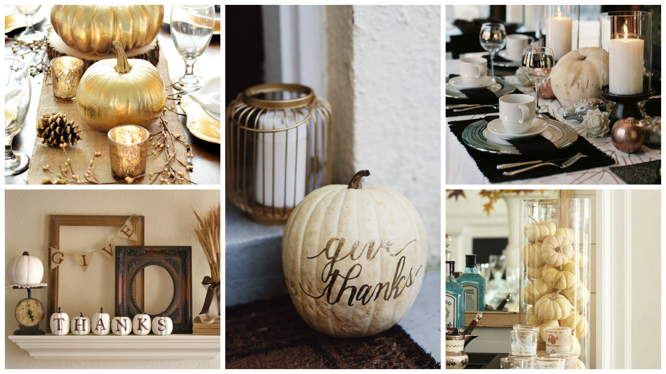 Credit {from top left, clockwise} : 1. Gold painted pumpkins & pine cones from A Pumpkin & a Princess ; 2. Calligraphed pumpkin from ; 3. Sanity Fair ; 4. Mantle vignette from Here Comes the Sun ; 5. Easy decor using mini pumpkins from Sanity Fair