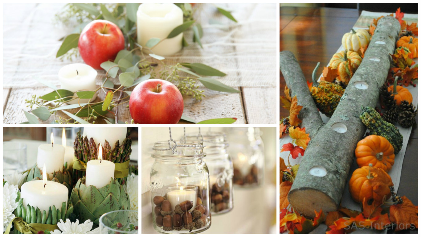 Credit {from top left, clockwise} : 1. Apples, greens & pillar candles from Julie Blanner ; 2. Votive candles cut into a log with gourds & pumpkins from Intimate Weddings ; 3. Better Homes & Gardens tied vegetables to candles with ribbon; 4. Acorns in hanging ball jars from The Glamorous Housewife