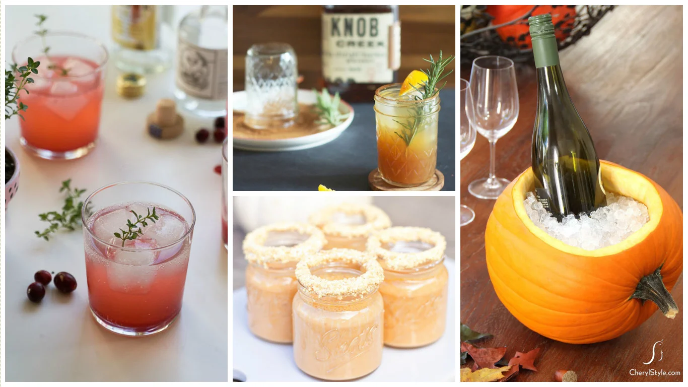 Credit {from top left, clockwise} : A twist on a classic Gin & Tonic with Cranberry and Thyme from A Cozy Kitchen ; 2. Set the Table has a delicious Bourbon Apple Cider; 3. Drink your dessert with Pumpkin Pie Shooters from A Night Owl (a non-alcoholic version is an option, but why?; 4. Keep wine cold at dinner with this DIY pumpkin ice bucket from Cheryl Style