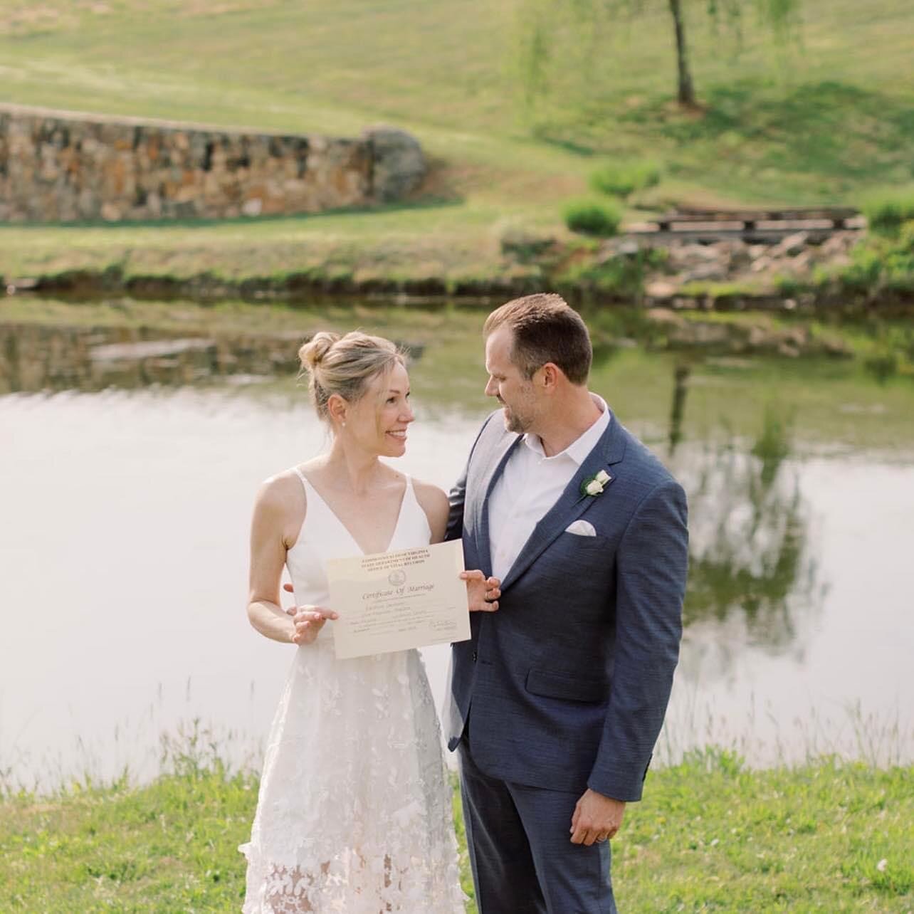 K + C have been together for 9 years and decided to make it a marriage kinda thing. 💍 We celebrated with @stonetowerwinery wine before a sweet ceremony, read by the bride&rsquo;s son, down at the pond. It was so touching!