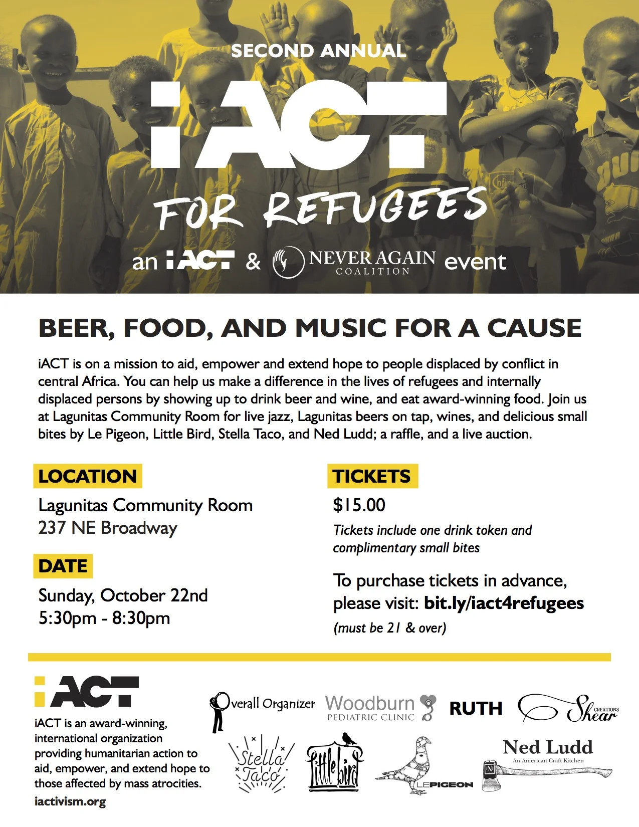 In partnership with the Never Again Coalition, iACT is preparing for the 2nd annual iACT for Refugees ! The event is taking place at the Lagunitas Community Room where we'll have live music, Lagunitas beers on tap, a raffle, live auction, and a unique refugee preschool exhibit. Get your tickets and join us for an inspiring evening! Even if you can't make it, you can purchase raffle tickets. Check out the offerings HERE ! iACT is on a mission to aid, empower, and extend hope to refugees facing humanitarian crises in central Africa. By connecting our community here in the Portland area with youth, women, teachers, and coaches in refugee camps in central Africa, we are creating a world where humanitarian action can impact the lives of communities living in refugee camps. 