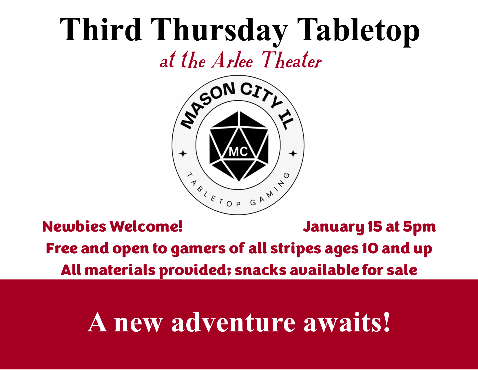 Tabletop Gaming Night 1/15 at 5pm - Free & open to all ages