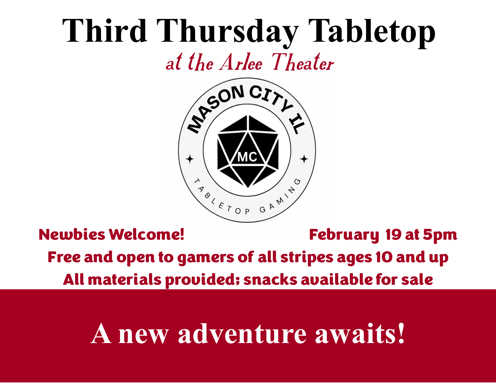  Tabletop Gaming Night 2/19 at 5pm - Free &amp; open to all ages 