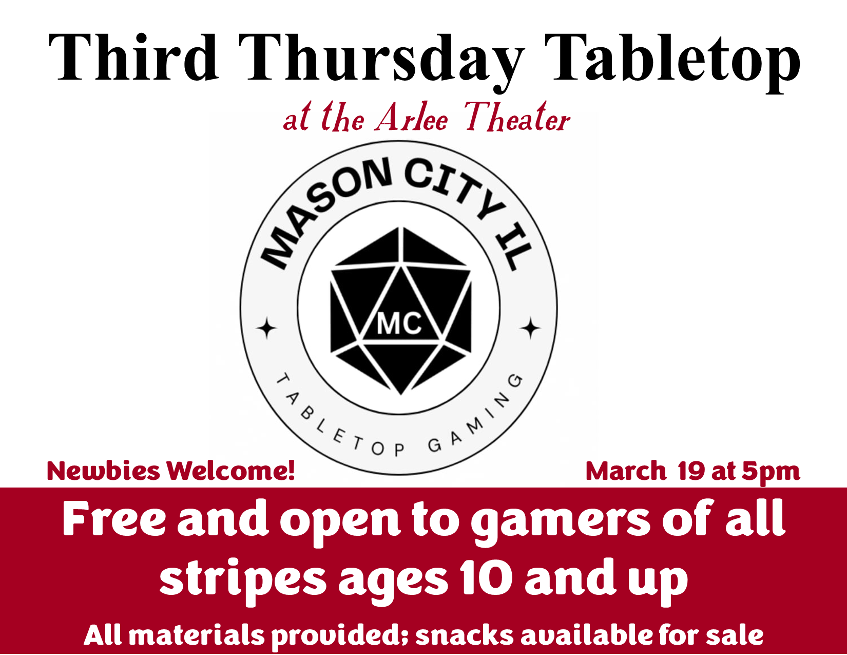 Tabletop Gaming Night 3/19 at 5pm - Free &amp; open to all ages 