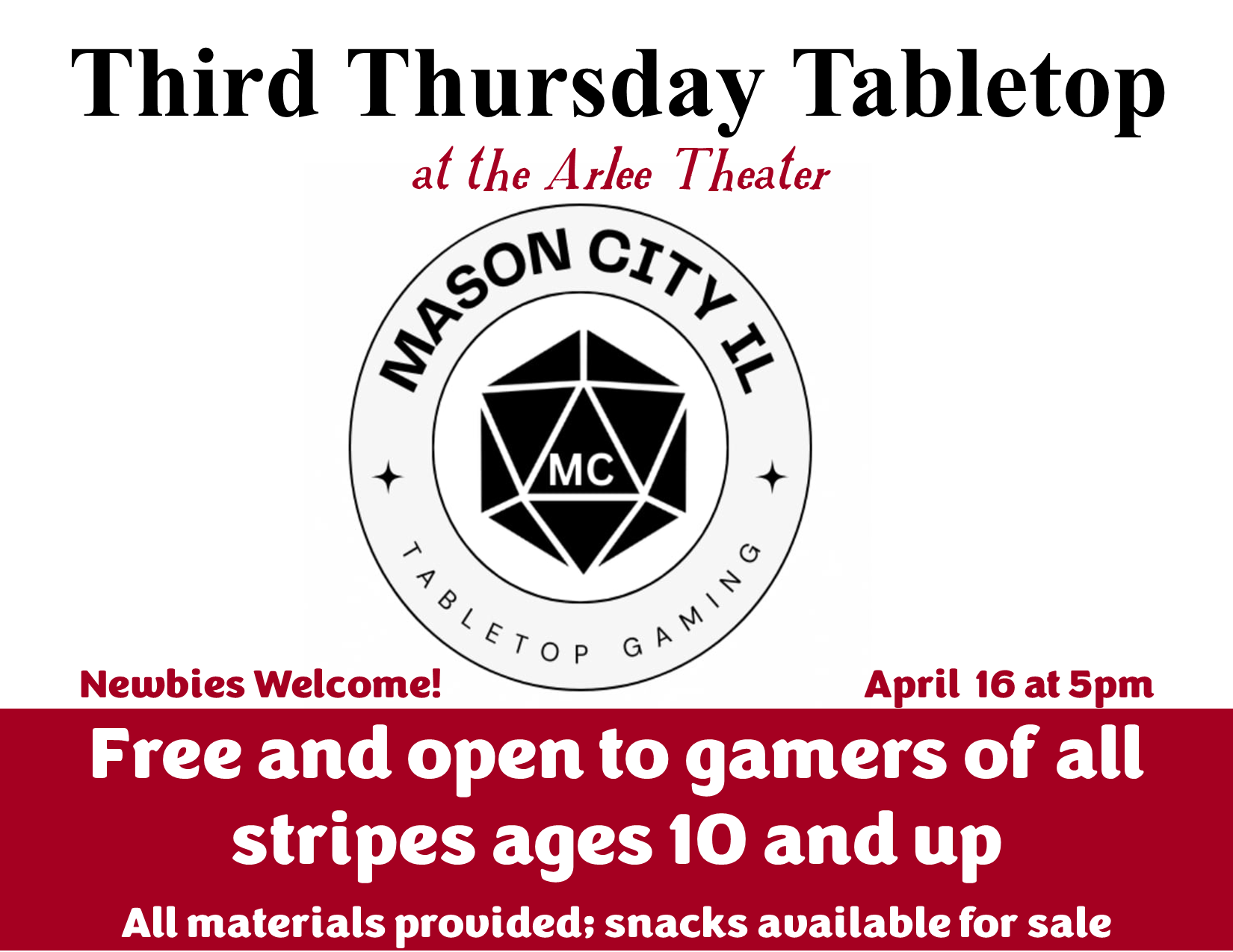 Tabletop Gaming Night 4/16 at 5pm - Free & open to all ages