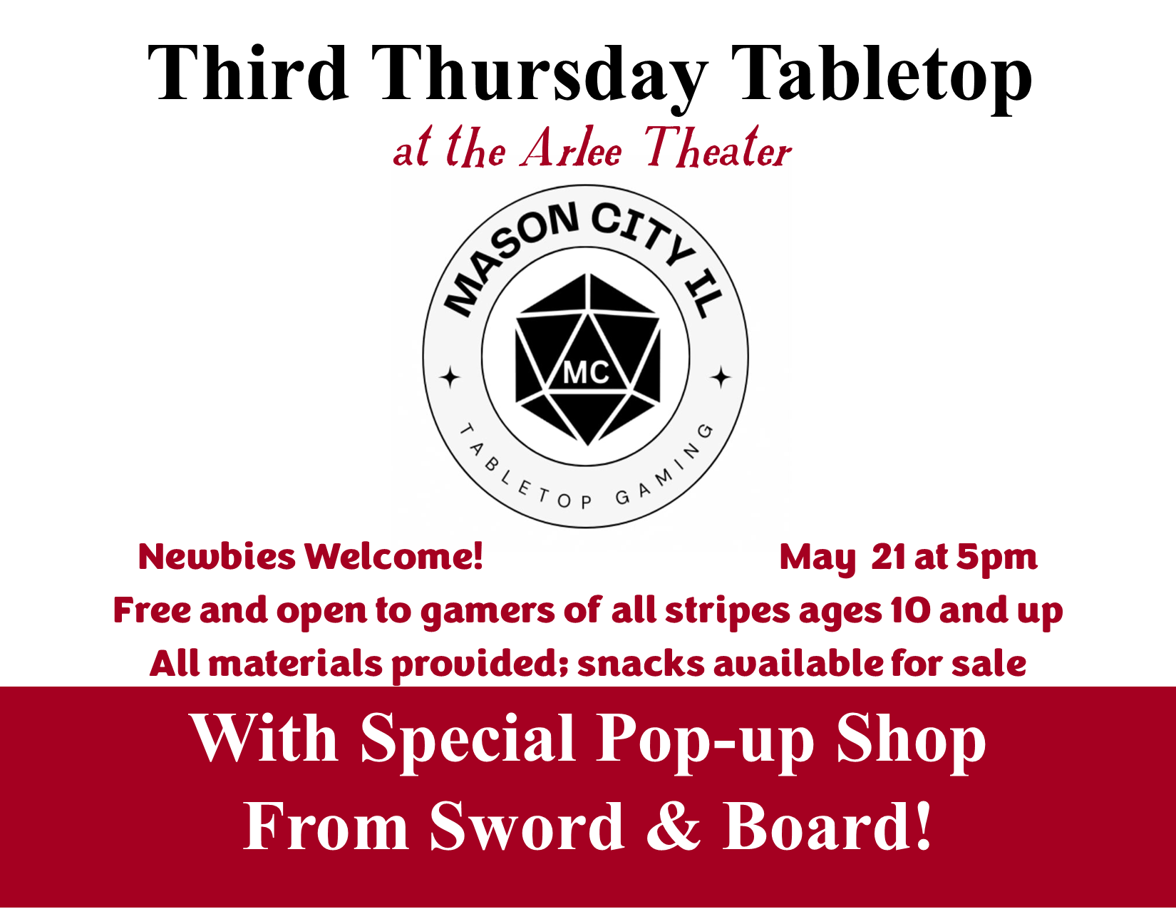  Tabletop Gaming Night 5/21 at 5pm - Free &amp; open to all ages 