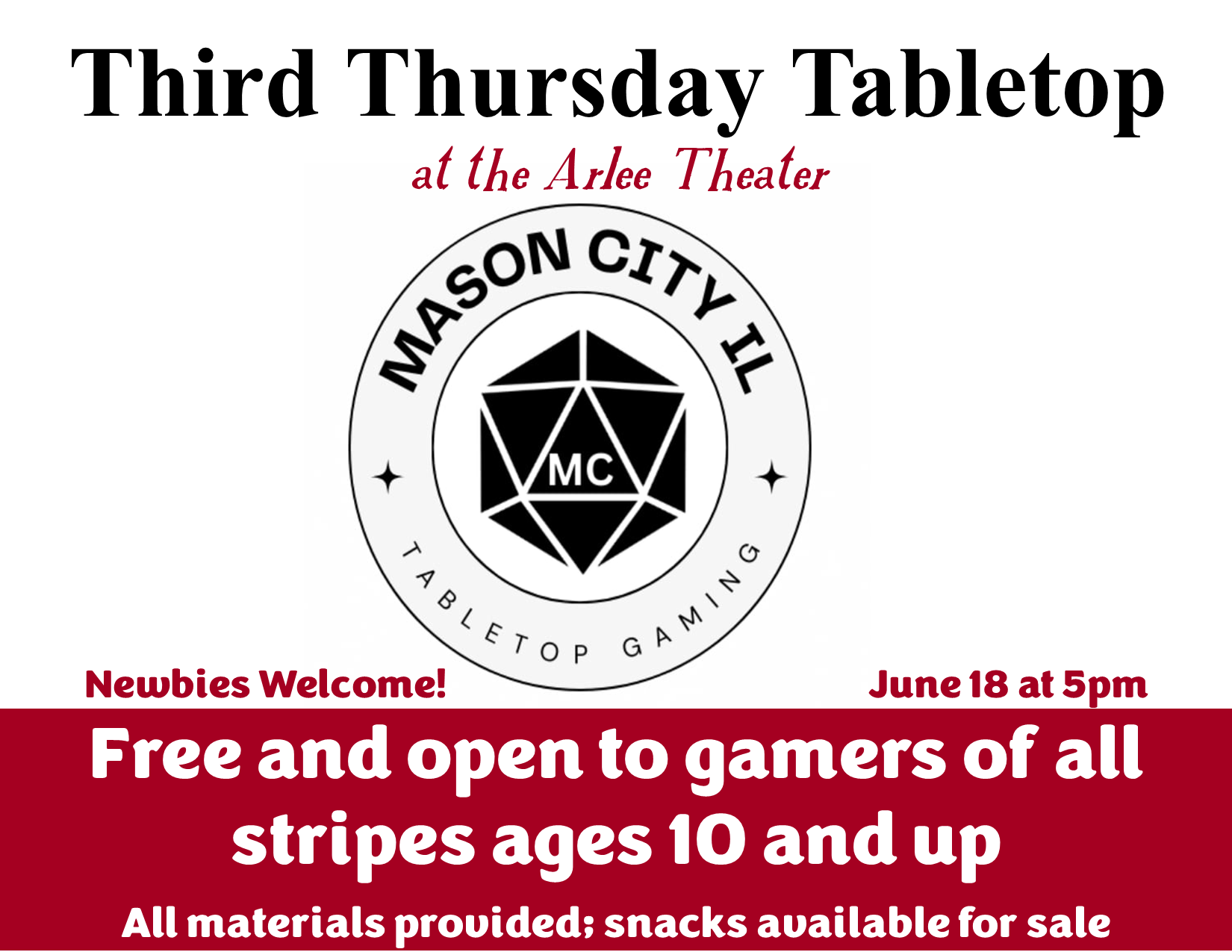  Tabletop Gaming Night 6/18 at 5pm - Free &amp; open to all ages 