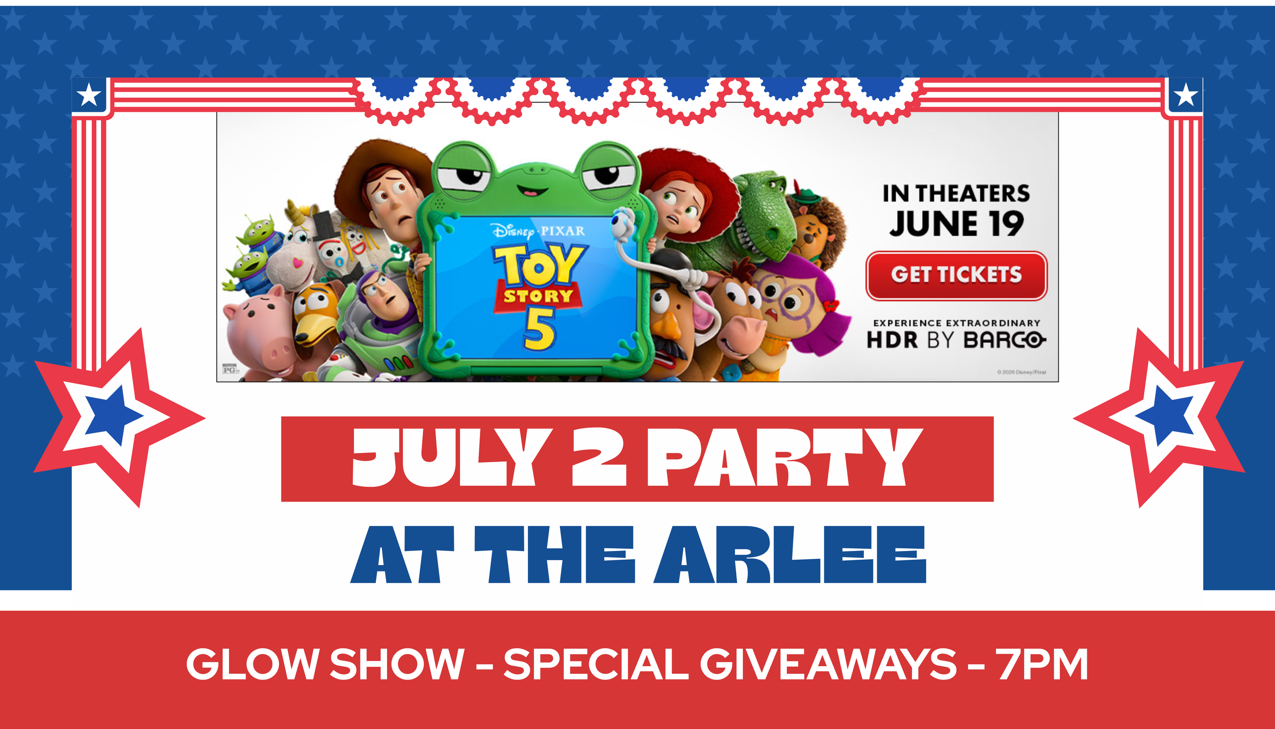  July 2 Toy Story 5 Party at the Arlee: Glow Show - Special Giveaways - 7pm  Tickets paid for by Mason County Community Foundation  Glow sticks, dance party before movie, (muted) fireworks recording, and more! 