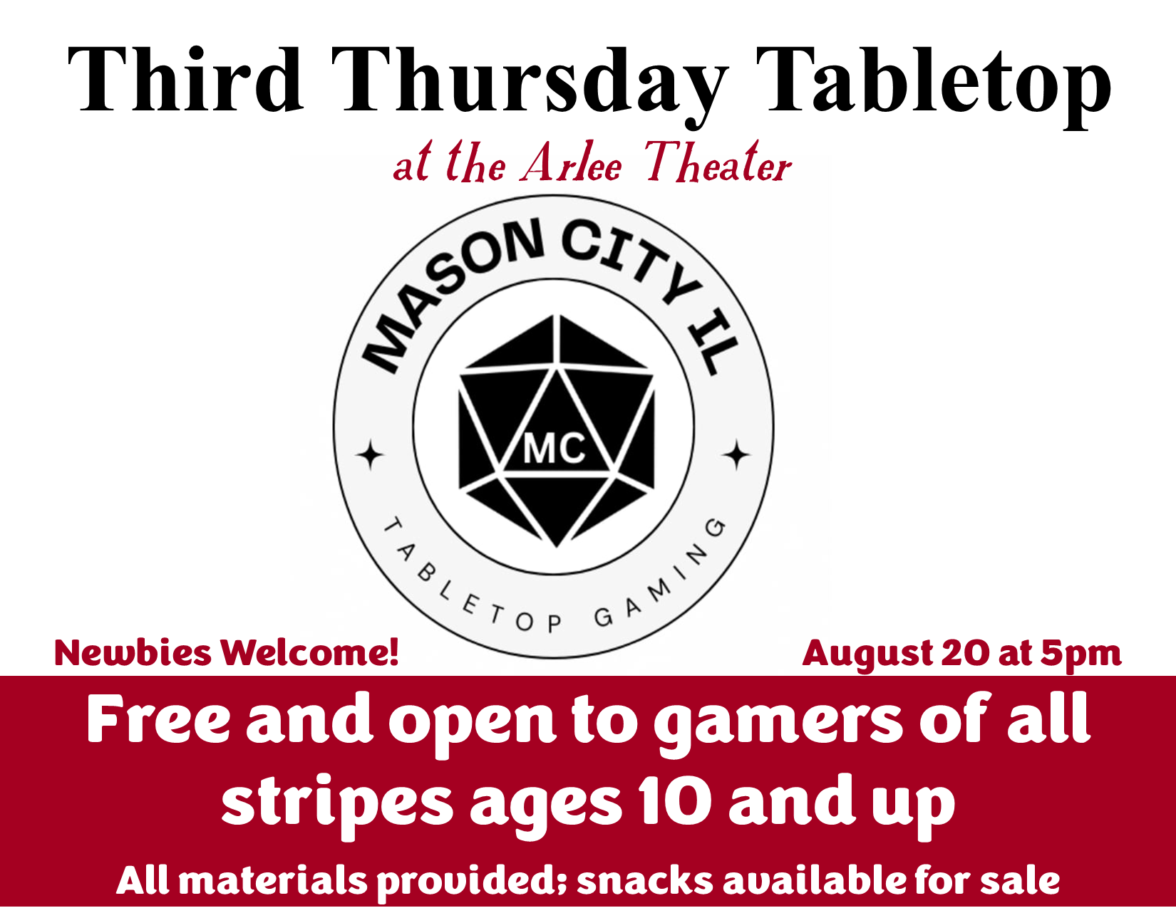 Tabletop Gaming Night 8/20 at 5pm - Free & open to all ages