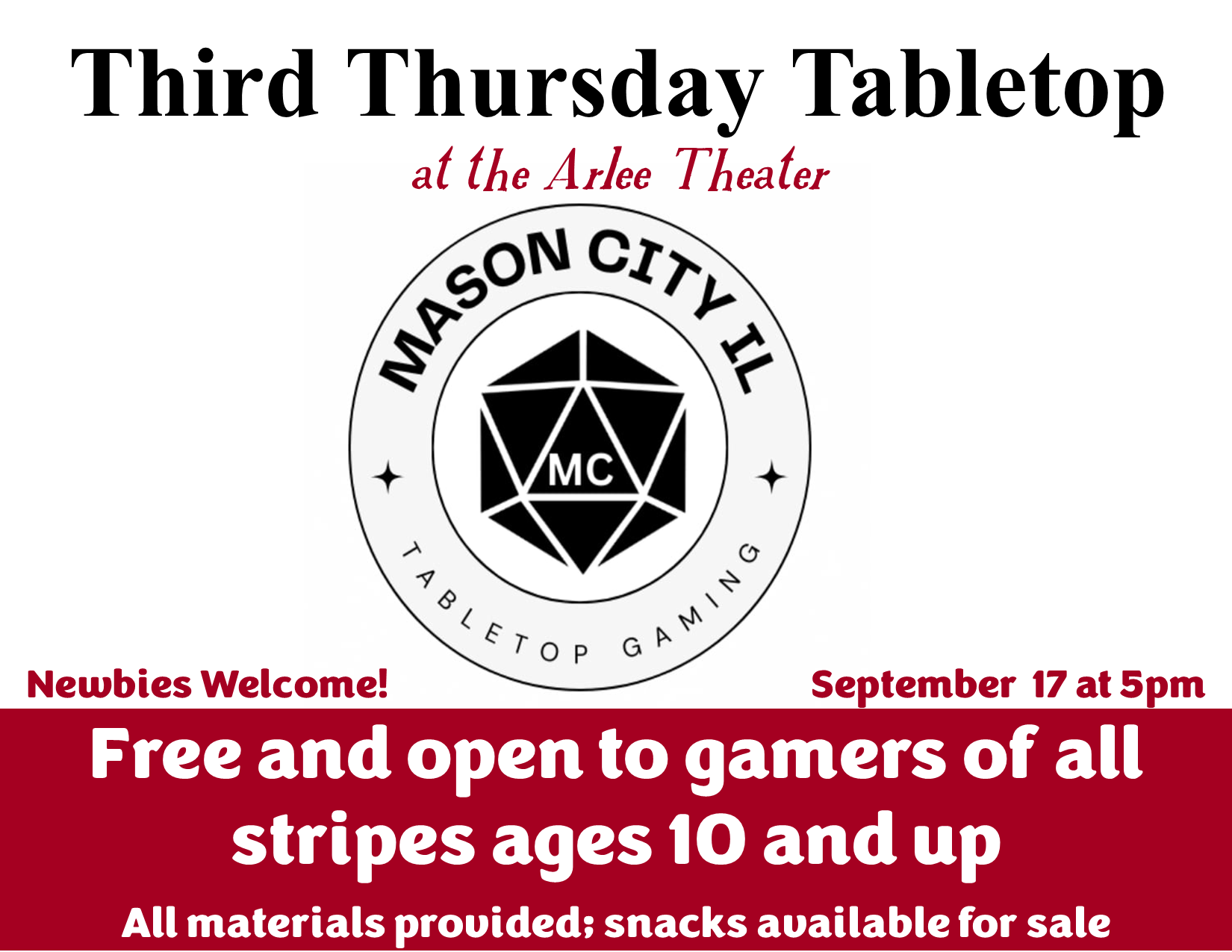  Tabletop Gaming Night 9/17 at 5pm - Free &amp; open to all ages 