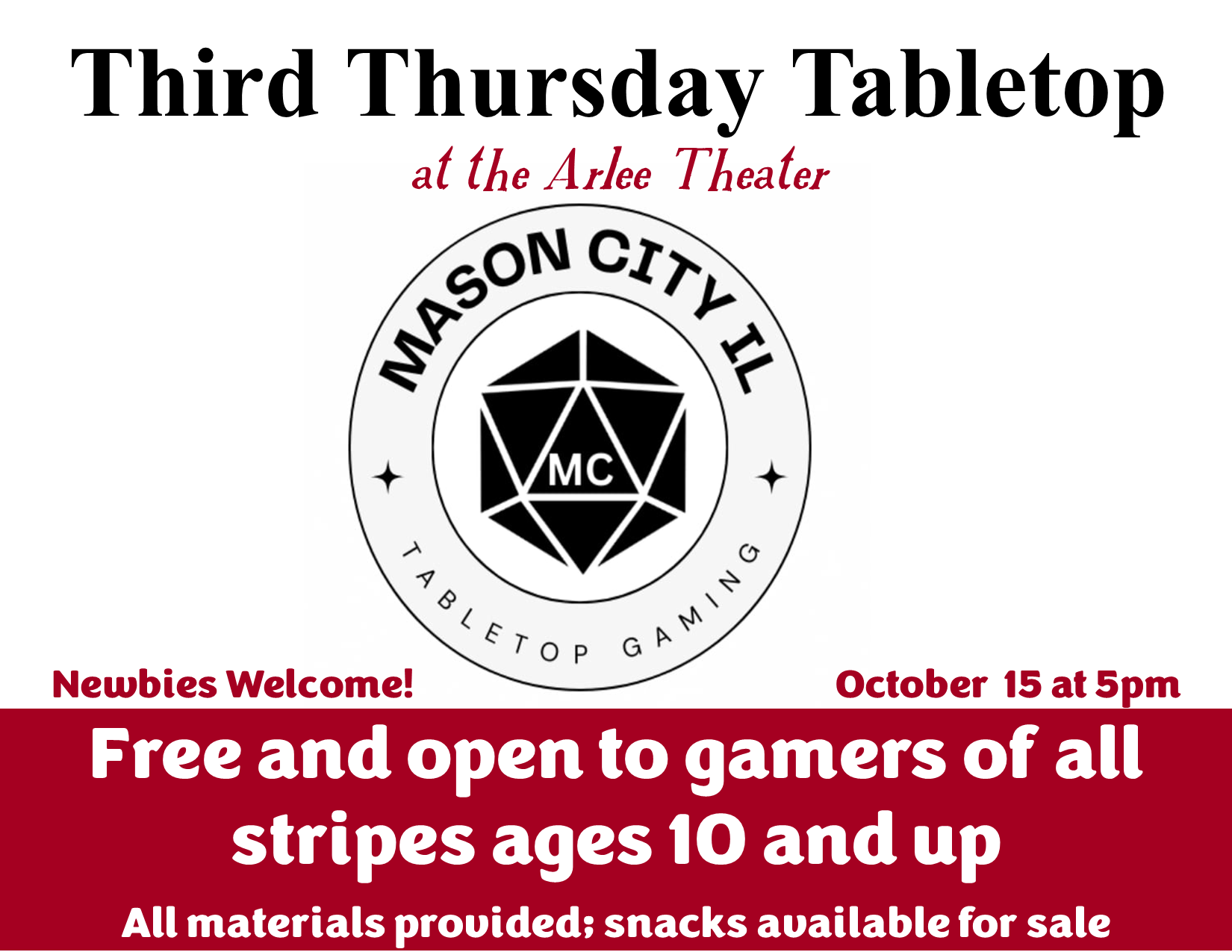  Tabletop Gaming Night 10/15 at 5pm - Free &amp; open to all ages 
