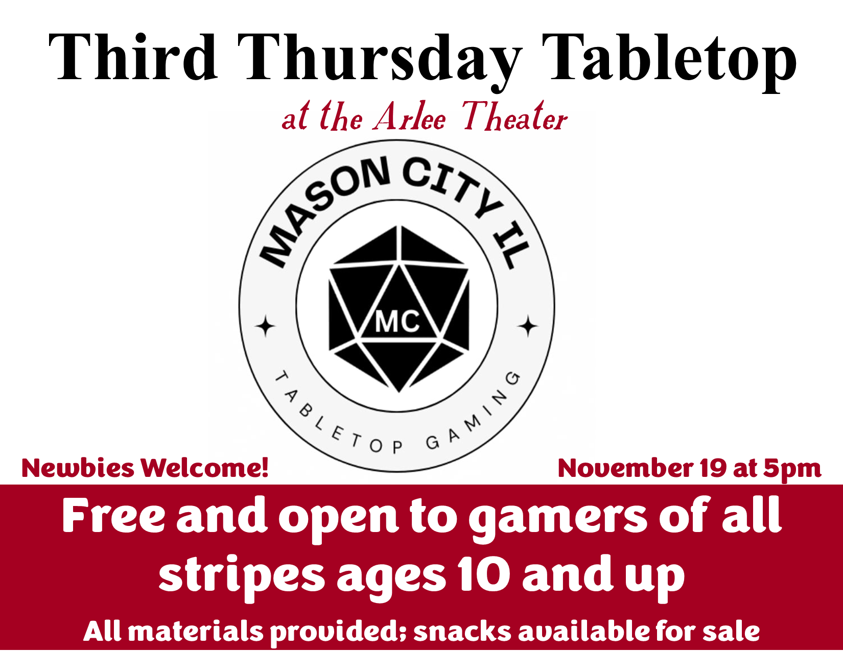  Tabletop Gaming Night 11/19 at 5pm - Free &amp; open to all ages 