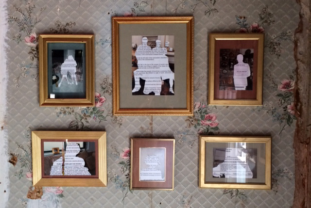 The Pre-Foreclosures. Figures in the frames have been cut out and replaced with legal documents from student loan, pharmaceutical, and medical bills to divorce, child support, and foreclosure filings.