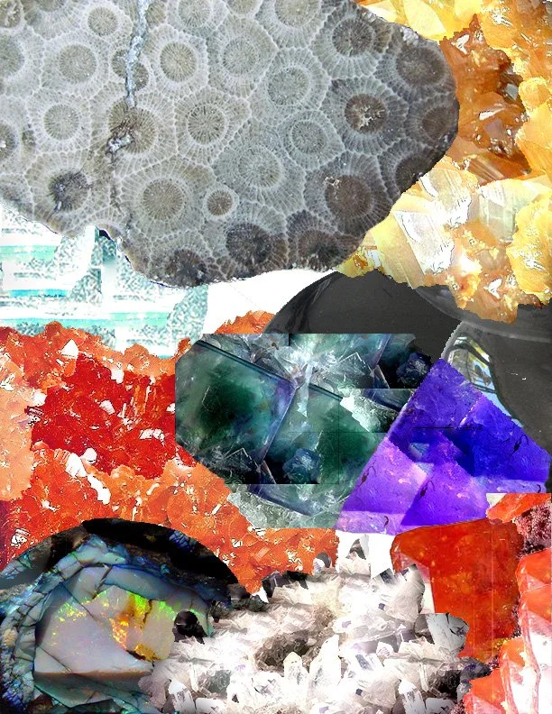 A collection of various colorful minerals and rocks, some with crystalline structures and others with rough textures.