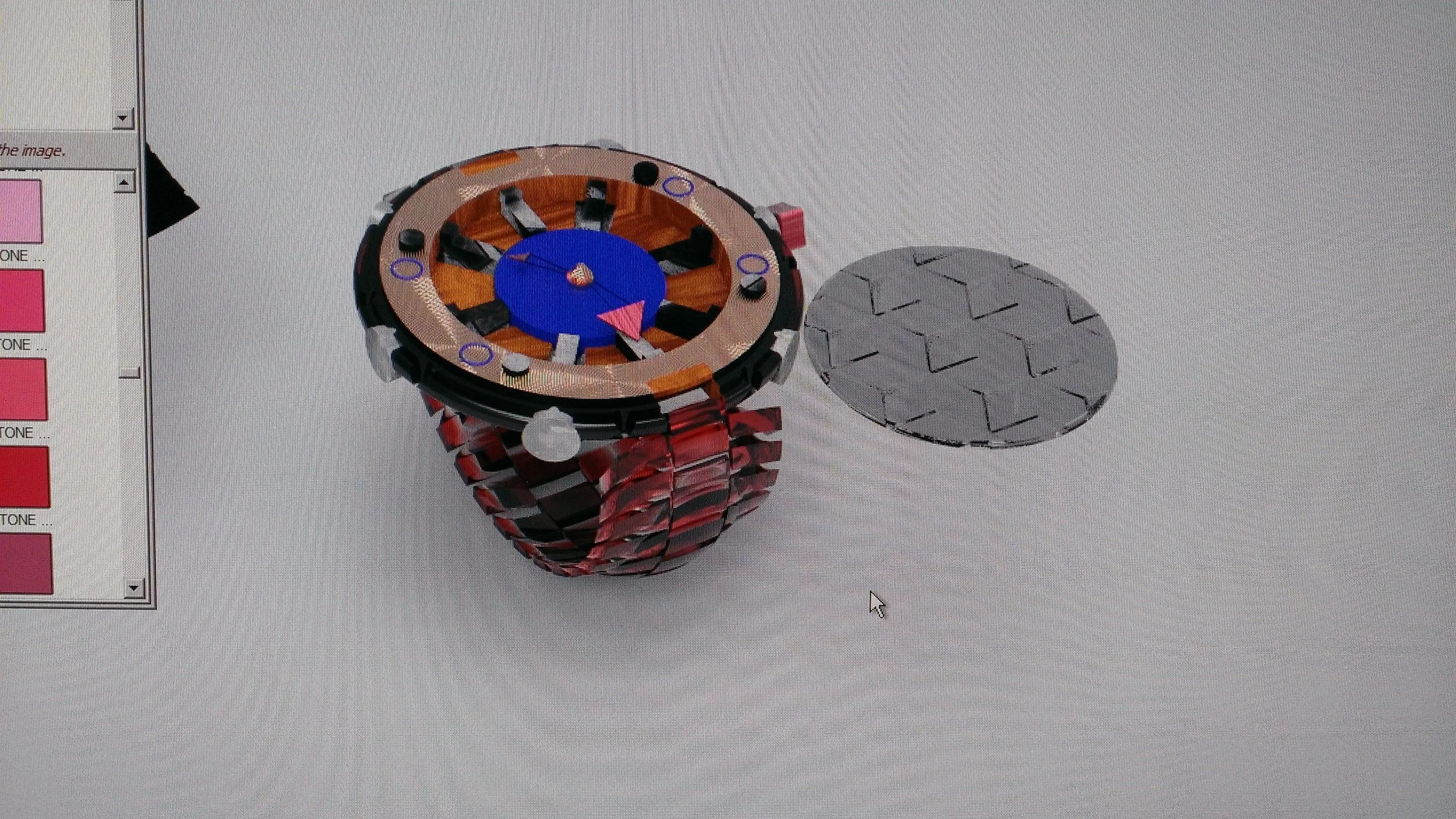 A mechanical watch with an open case, showing internal gears and components, placed on a white surface alongside a circular metal plate.