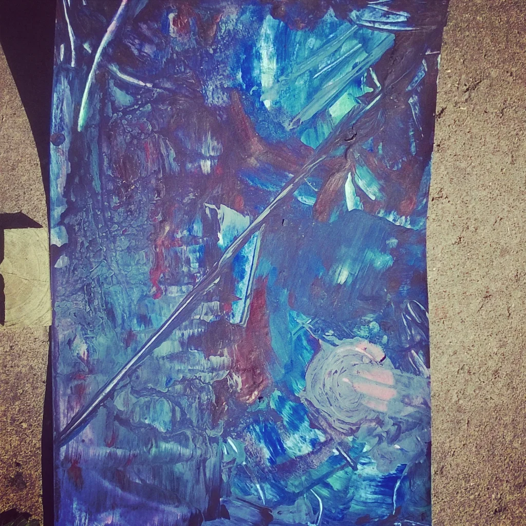 Abstract painting with predominantly blue and purple hues, featuring bold brushstrokes and a diagonal line across the canvas.