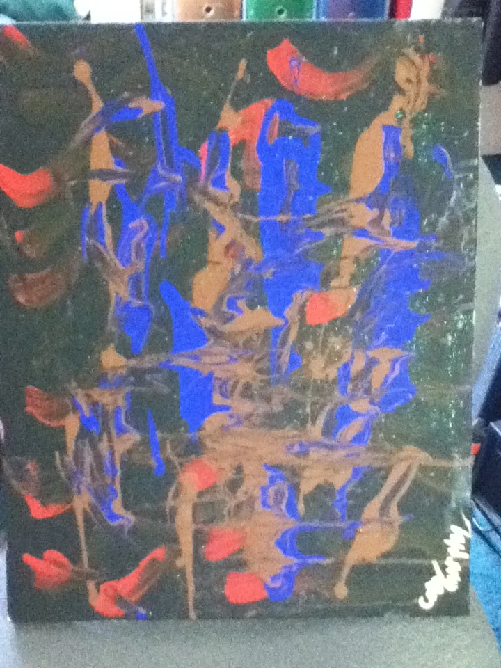 Abstract painting with blue, brown, and orange strokes on a dark background.