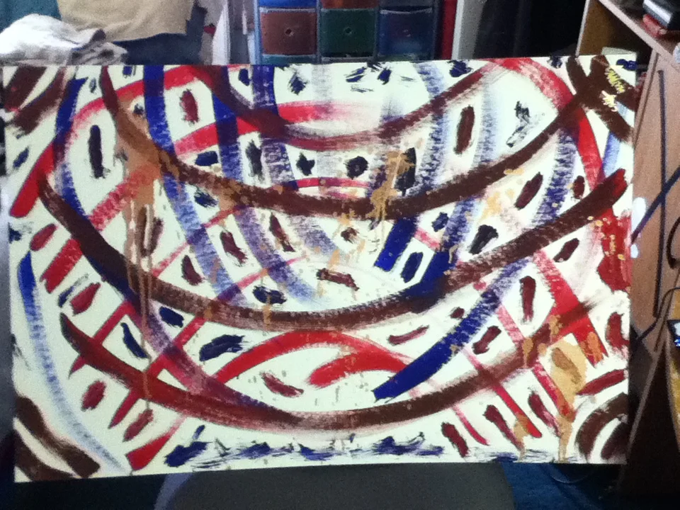 Abstract painting with red, blue, brown, and black brushstrokes and curved lines on a white canvas.