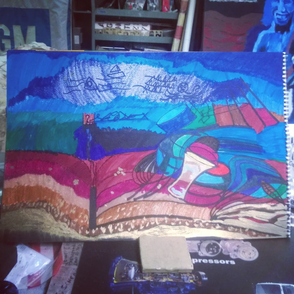 Colorful abstract drawing with swirling lines, hills, and cloud-like shapes on a large sheet of paper, displayed on a wooden stand in an indoor setting.