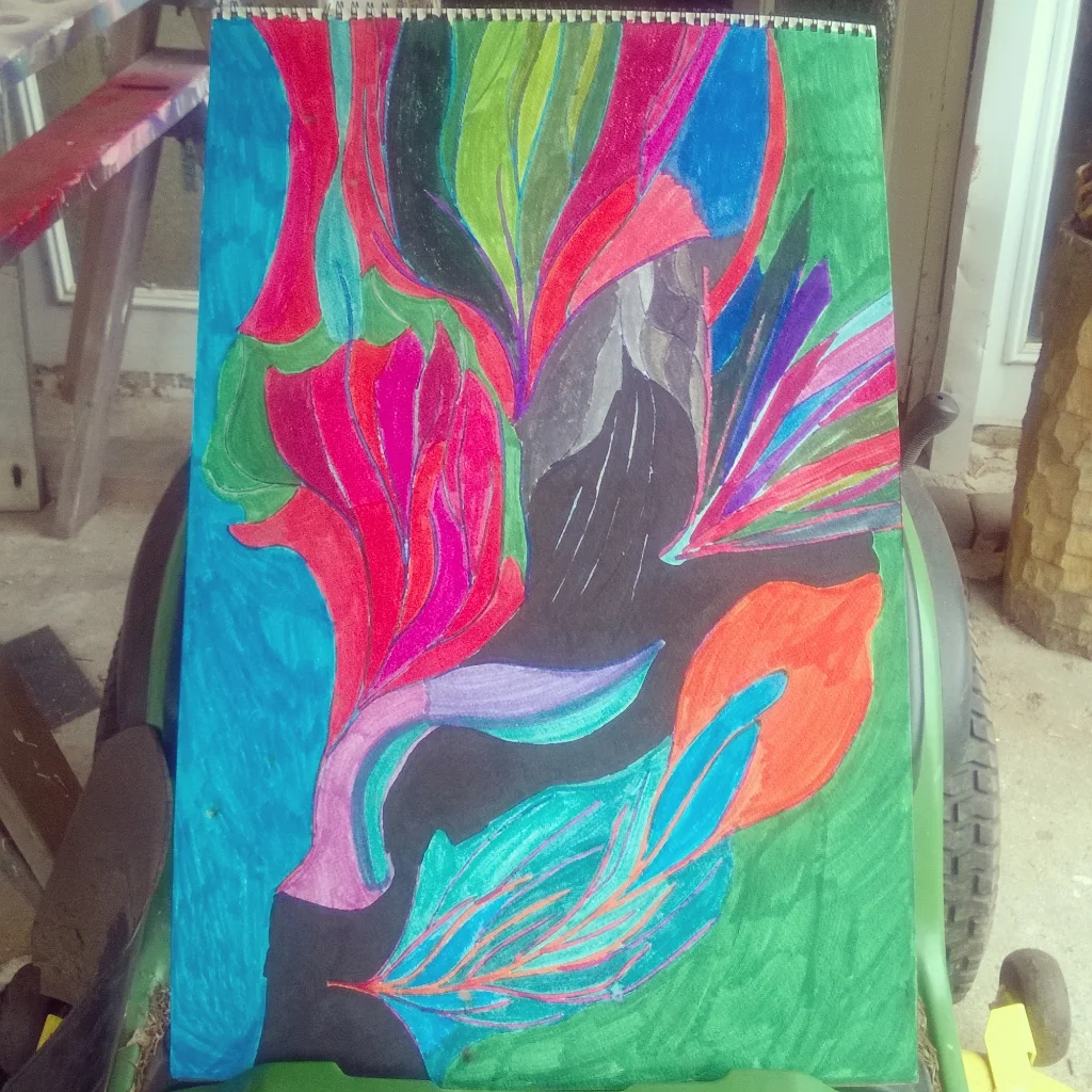 Colorful abstract drawing of leaves on black background.