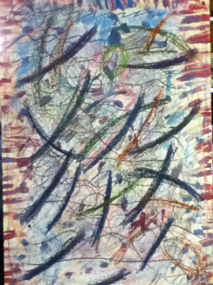 Abstract children's drawing with colorful scribbles, lines, and shapes in black, blue, green, red, orange, and purple on paper.