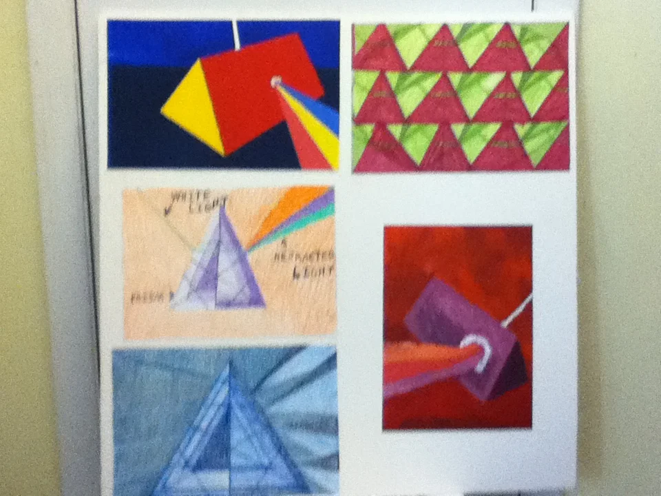 An educational poster displays five abstract geometric art projects made of colorful paper and paint, including triangles and layered shapes.