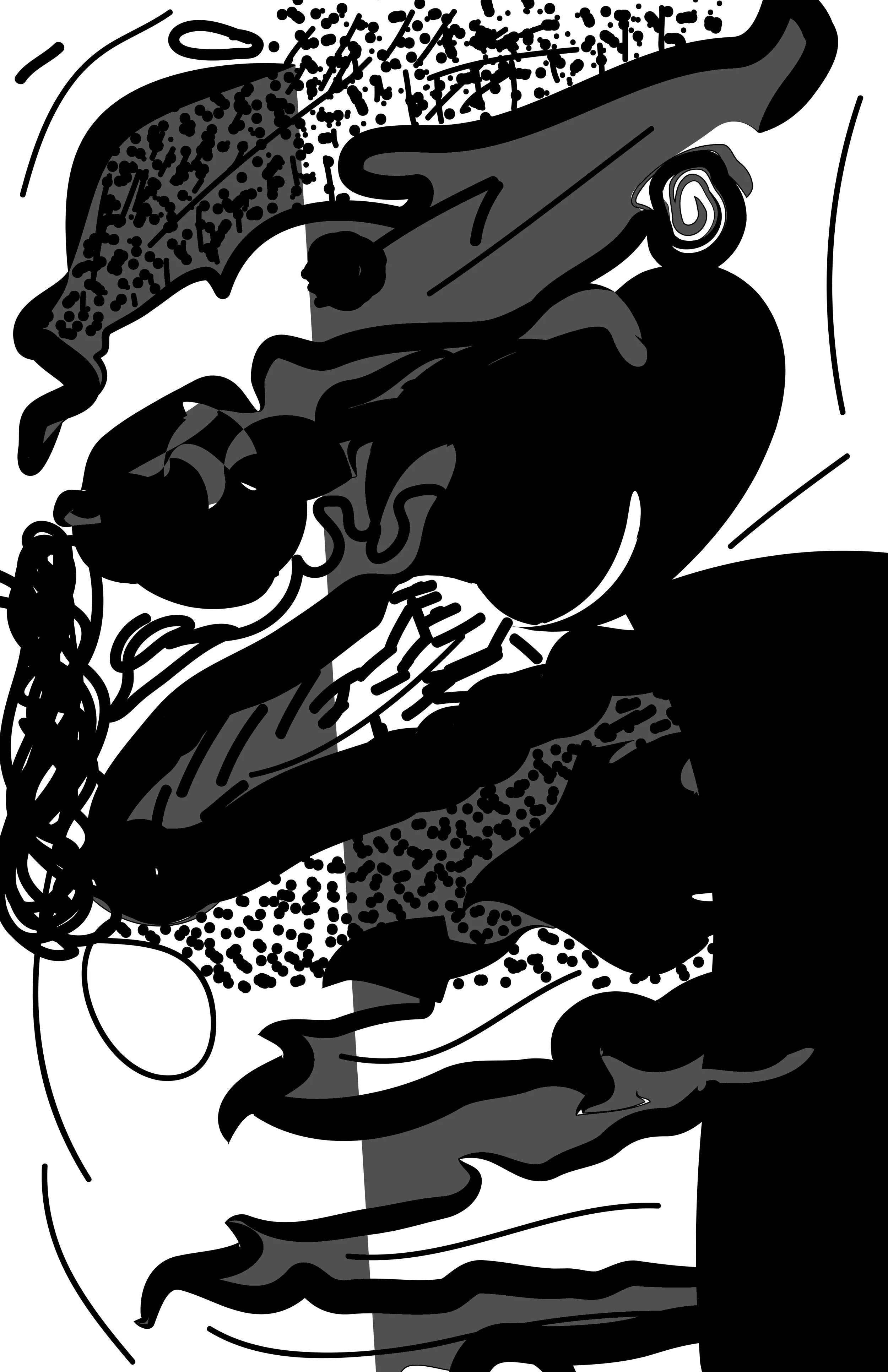 Black and white abstract illustration of a woman's face in profile, with flowing hair and bold lines.