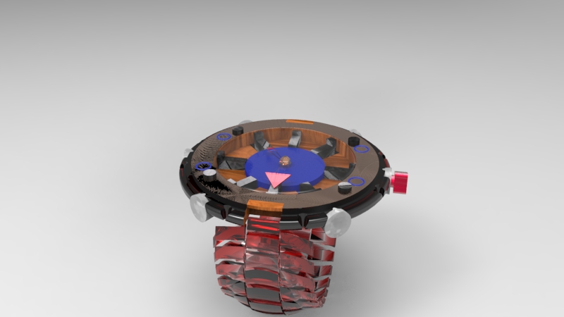 A wristwatch with a unique design featuring a round face, wooden accents, blue and black elements, and a red metal band, displayed on a plain background.