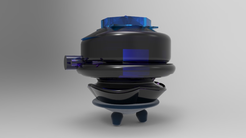 A sleek, futuristic black and blue robotic device with a rounded top, a small protrusion on the side, and three small legs or supports at the base, set against a plain gray background.