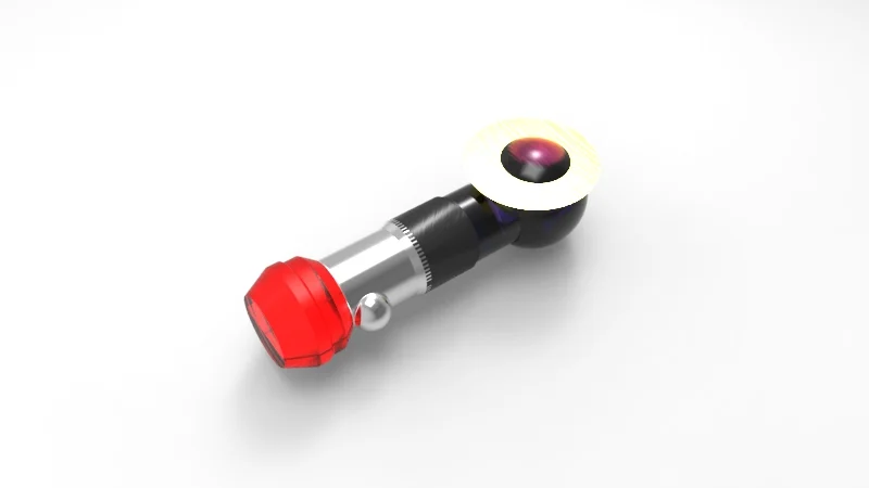 A small telescope with a black body, silver tube, red eyepiece, and a yellowish ring around the lens, lying on a plain white surface.
